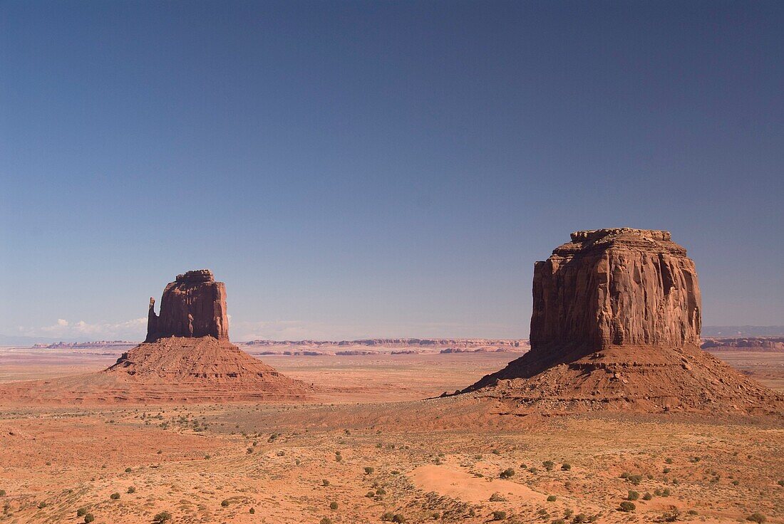 East Mitten Butte left, Merrick Butte right, Monument Valley Navajo Tribal Park, Arizona, USA