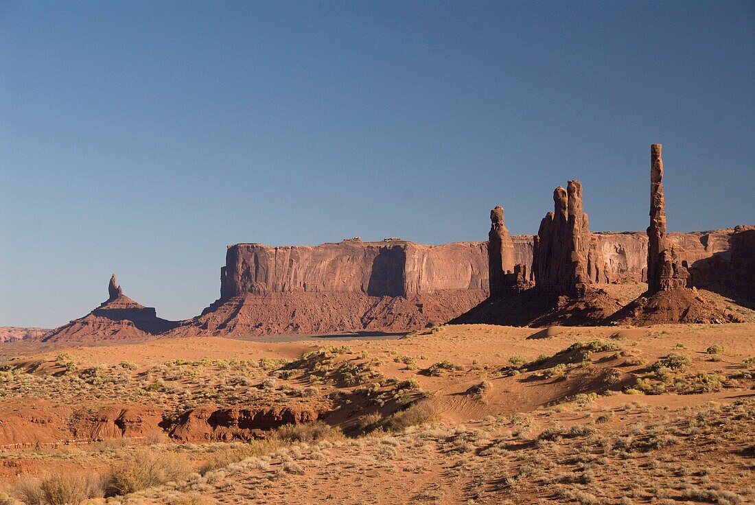 Afternoon view of the Totem Pole and Yei Bi Chei, Monument Valley Navajo Tribal Park, Arizona, USA