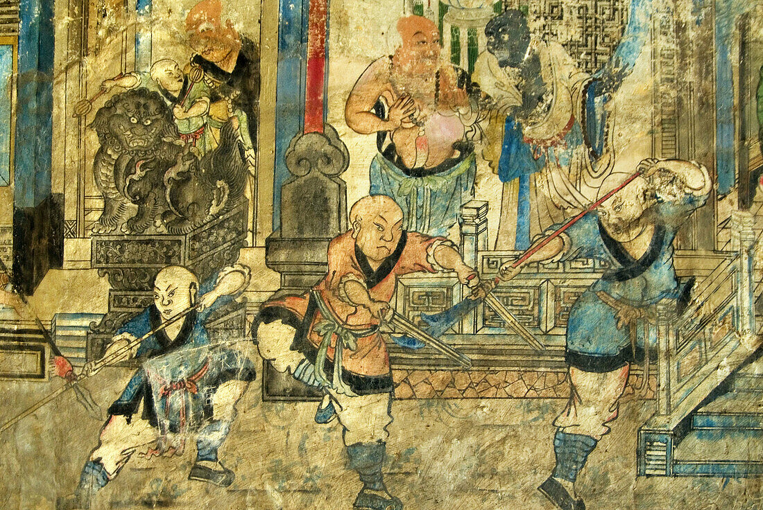China, Henan province, Shaolin, old painting representing kung-fu