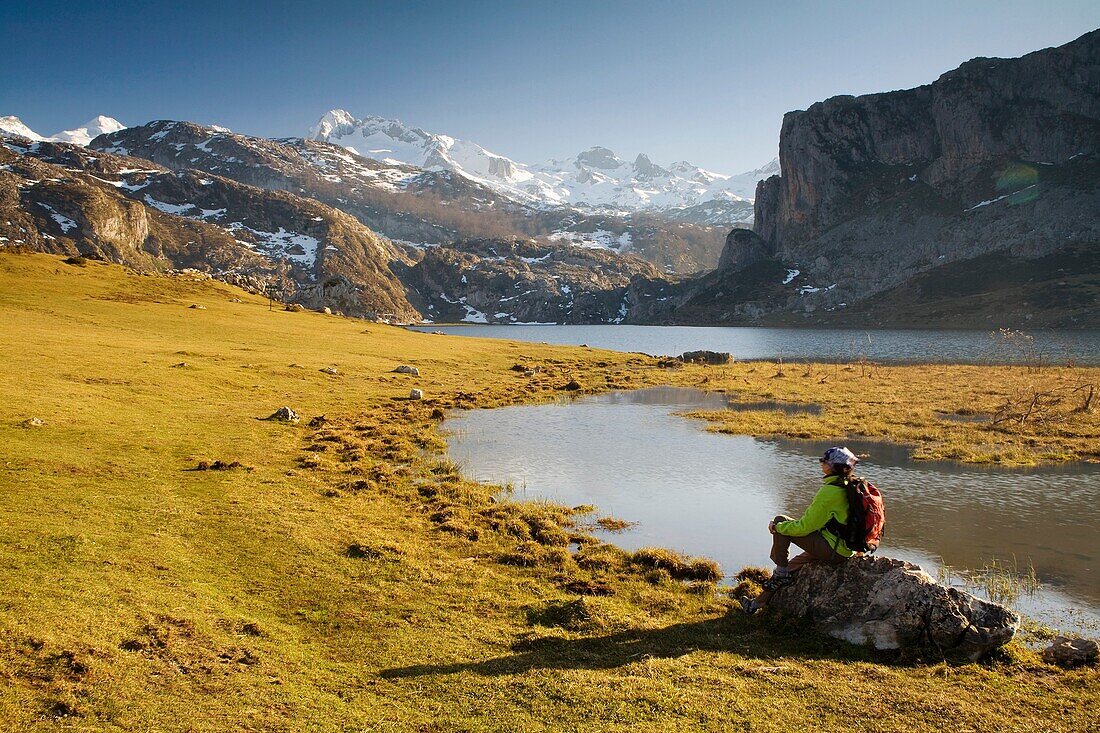 Ercina Lake and Peña Santa de Enol Mount  Covadonga Lakes  Picos de Europa National Park, Asturias, Spain