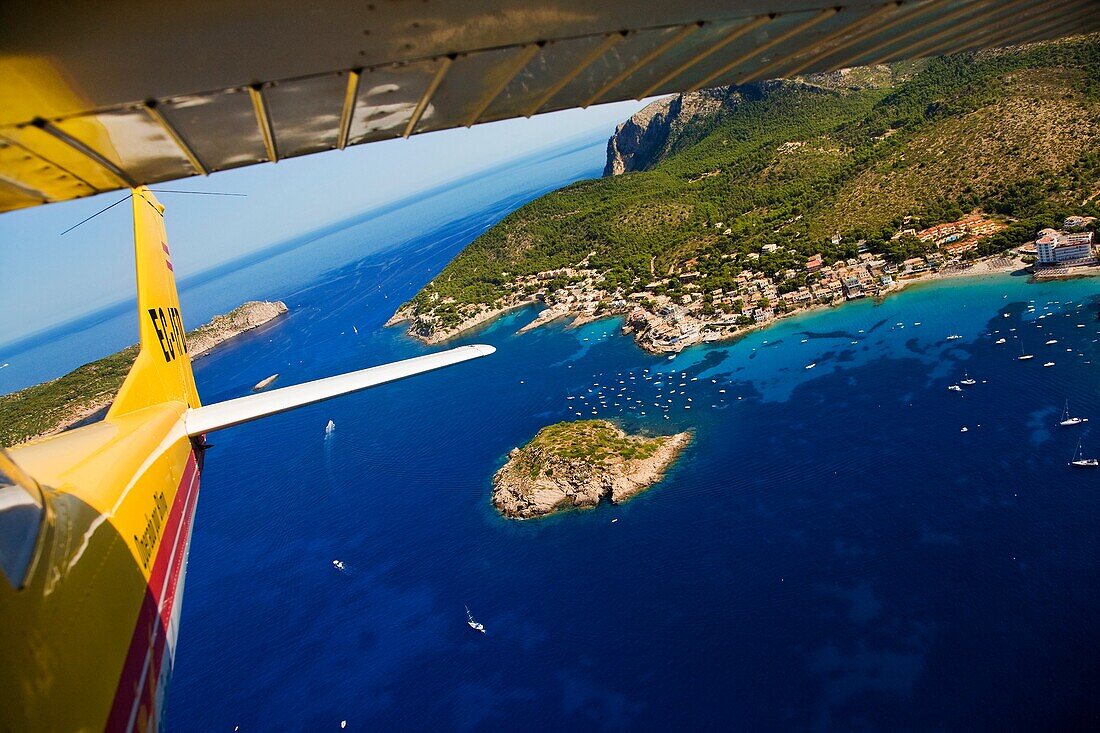 Flying over Sant Elm with Sa Dragonera island in background, Majorca, Balearic Islands, Spain