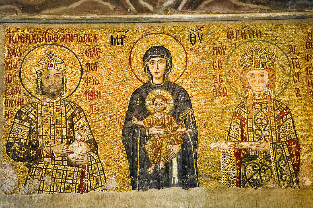 Comnenos mosaic (John II Komnenos and empress Irene standing beside the Virgin Mary holding the Child Christ) in Hagia Sophia, Istanbul, Turkey