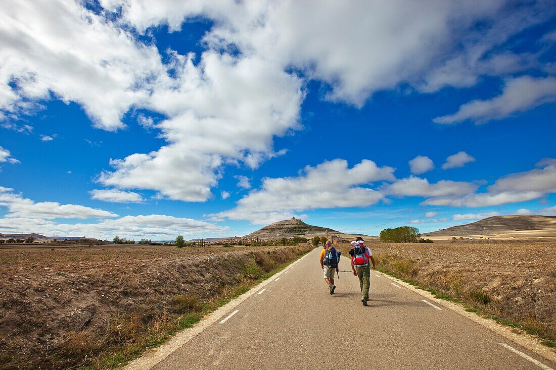 Pilgrims in the road to Castrojeriz. Burgos province, Castilla-Leon, Spain