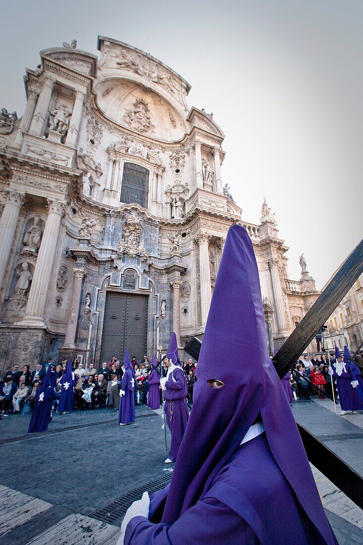 Good Friday procession passing by the cathedral, Murcia, Spain