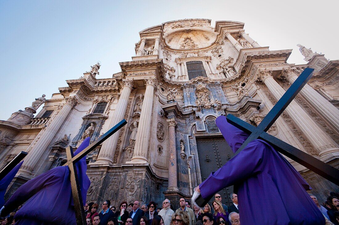Good Friday procession passing by the cathedral, Murcia, Spain