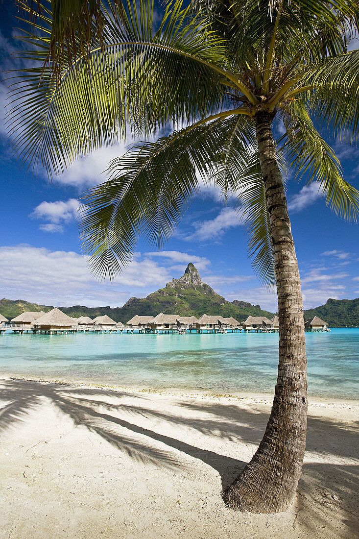 Huts, Lagoon and Mount Pahia, Bora Bora island, Society Islands, French Polynesia (May 2009)