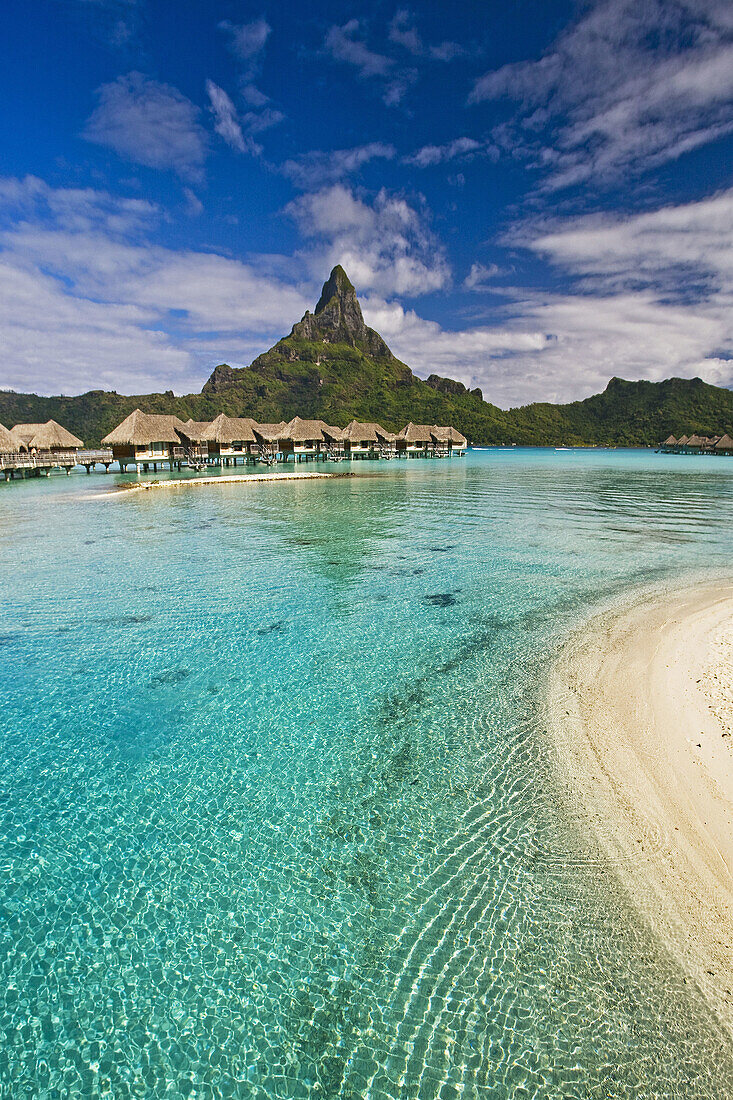 Huts, lagoon and Mount Pahia, Bora Bora island, Society Islands, French Polynesia (May 2009)