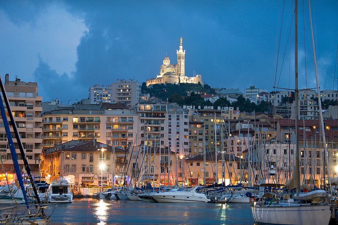 Notre-Dame de la Garde church and old port, Marseille. Bouches-du-Rhone, Provence-Alpes-Côte d'Azur, France