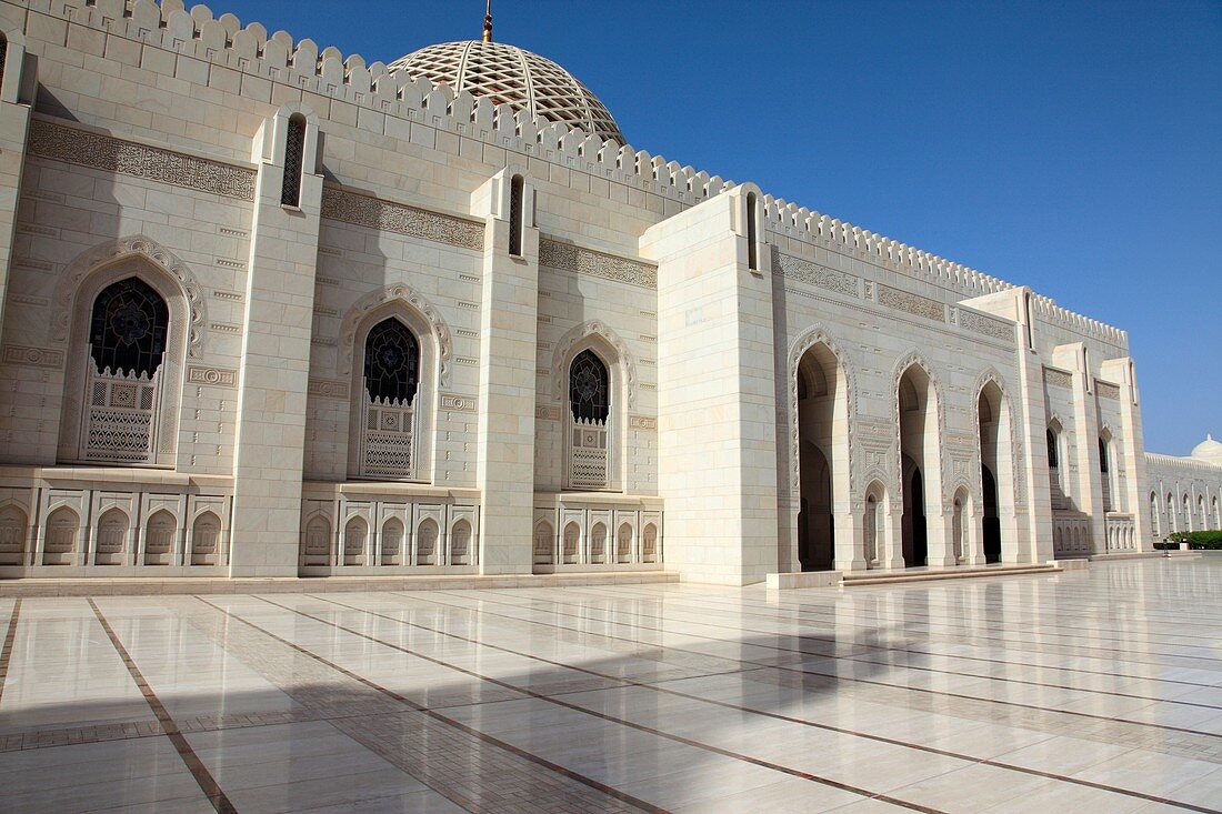 outside facade of Grand Mosque Sultan Qaboos, Muscat, capital city area, Al Khuwayr, Sultanate of Oman.