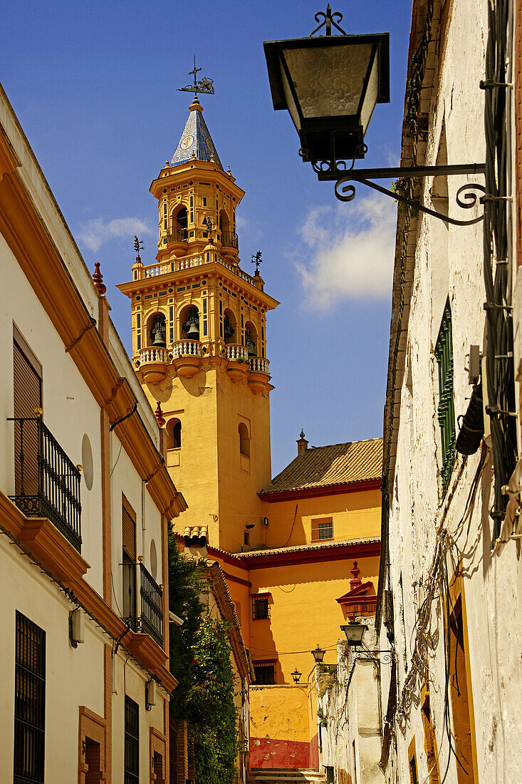 Church of Santiago el Mayor from Jose Lafita Street, Alcala de Guadaira, Seville province, Andalusia, Spain