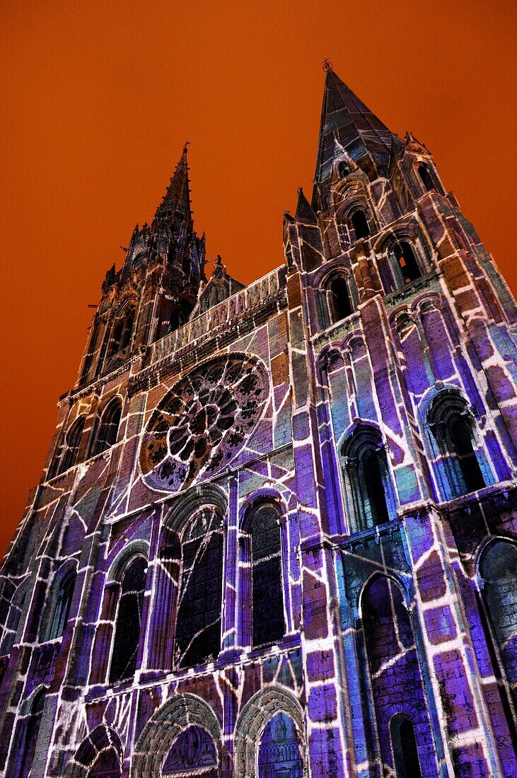 Festival of lights: royal portal of the cathedral, scenography by Xavier de Richemont, Eure-et-Loir, Centre, France