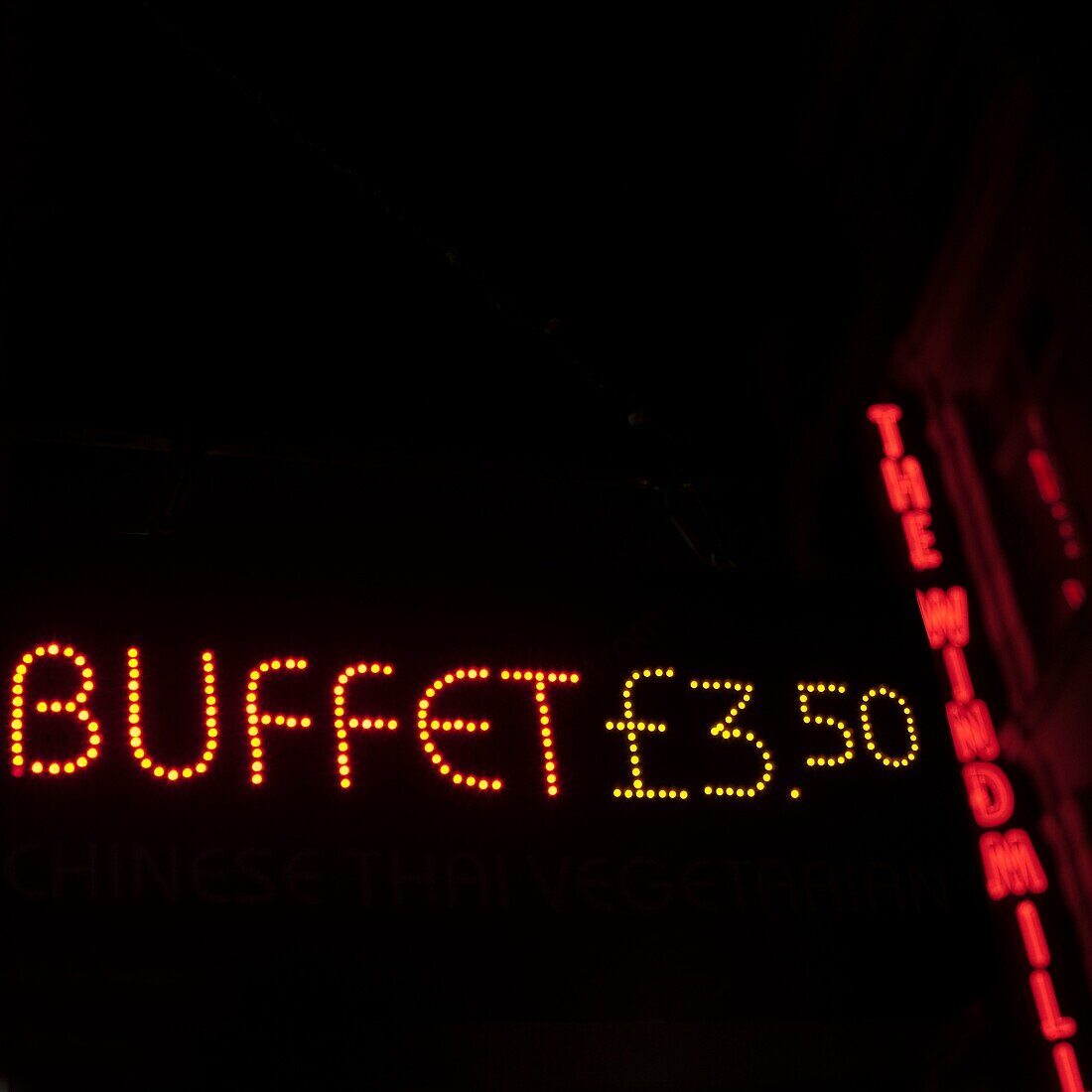 Attracting attention, buffet, Color image, concept, information, neon, night, outdoor, price, red, sign, Sterling pound, vertical, B75-1003374, AGEFOTOSTOCK