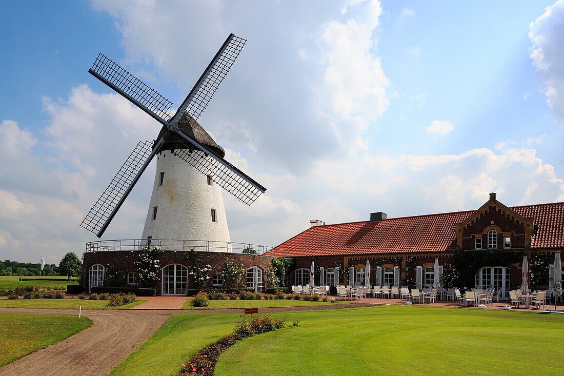 Germany, Krefeld, Rhine, Lower Rhine, North Rhine-Westphalia, D-Krefeld-Traar, Elfrath Mill, windmill, tower windmill, golf club, club house