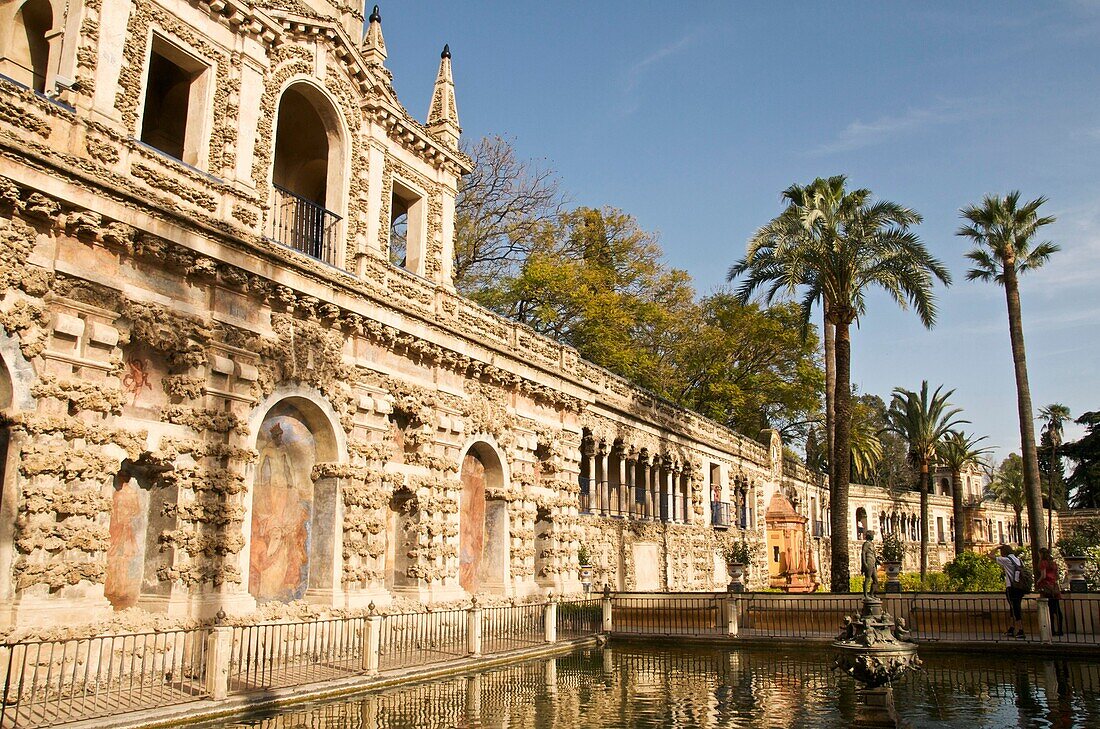 grotesque gallery and Mercury pond in Reales Alcazares gardens Sevilla Andalusia Spain