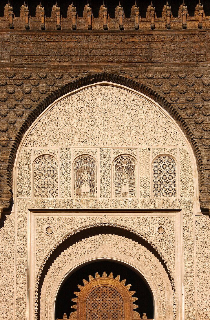 Morocco - Highly elaborated stuccowork in the Ben Youssef Medersa teaching annexe to the old mosque universities, one of the finest buldings in Marrakesh