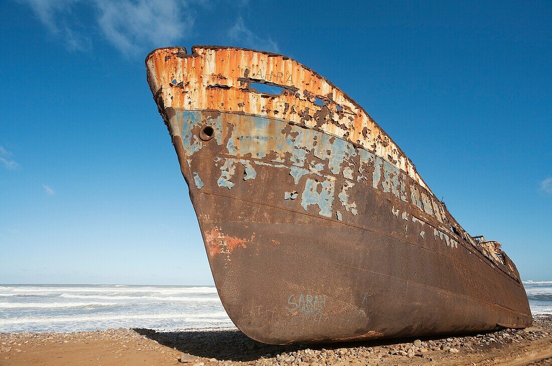 Morocco - The Zahra shipwreck at the shore of the Atlantic Ocean south of the town of Sidi Ifni in southwest Morocco
