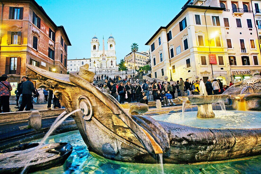 Spanish Steps with Fontana della Barcaccia. Church of Trinita dei Monti. Rome. Lazio. Italy.