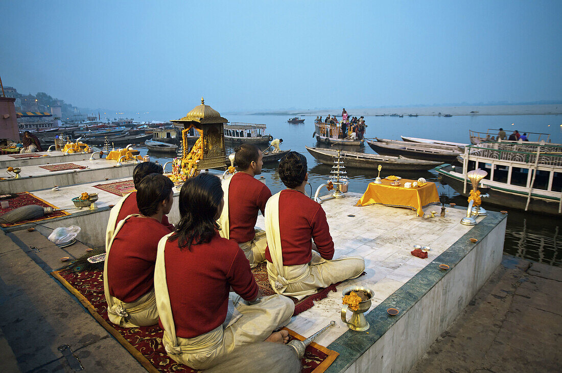 Ganga Arti ceremony to express respect for Mother Ganges as well as goddess Shiva and purify the air pollution. Involves burning incense, chanting & ringing of bells. The ceremony is performed every evening at sunset. Varanasi, River Ganges, India