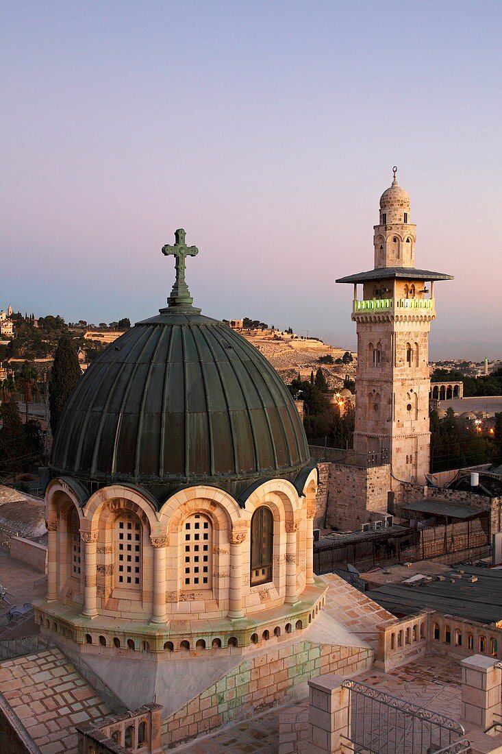 Israel, Jerusalem, Ecce Homo Basilica, Bab el Ghawanimeh Mosque, Minaret, Old city