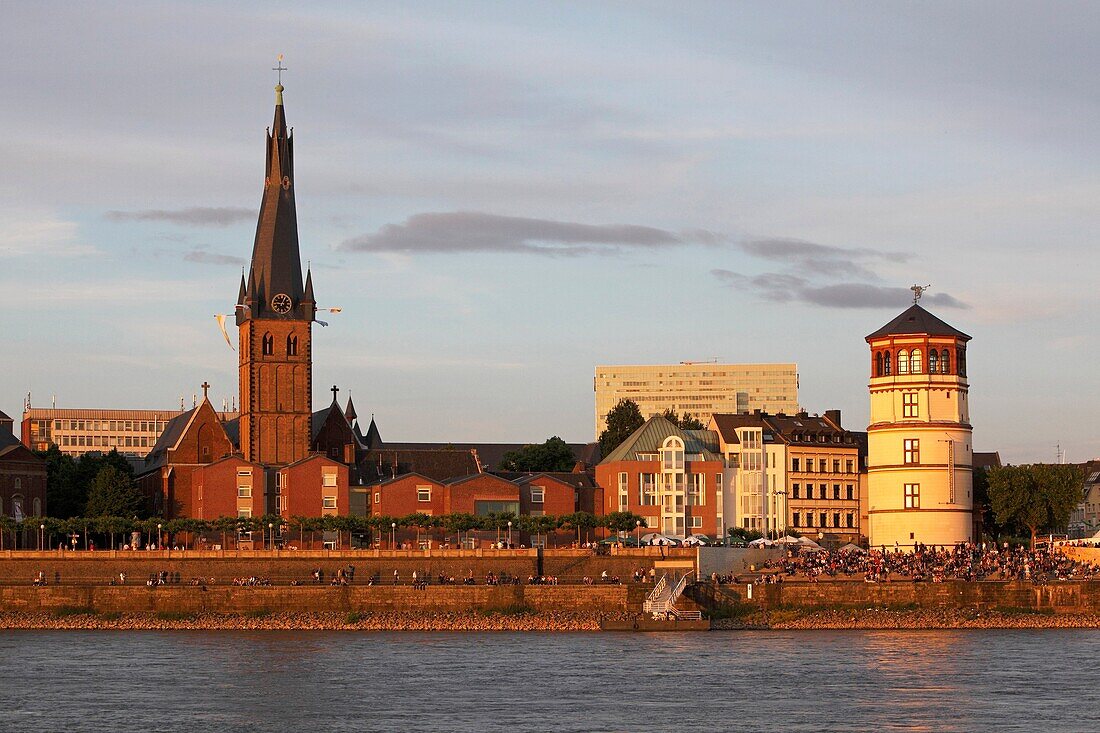 Düsseldorf, Rhine River, St Leonard Church, Shlossturm, riverbanks, North Rhine-Westphalia, Germany