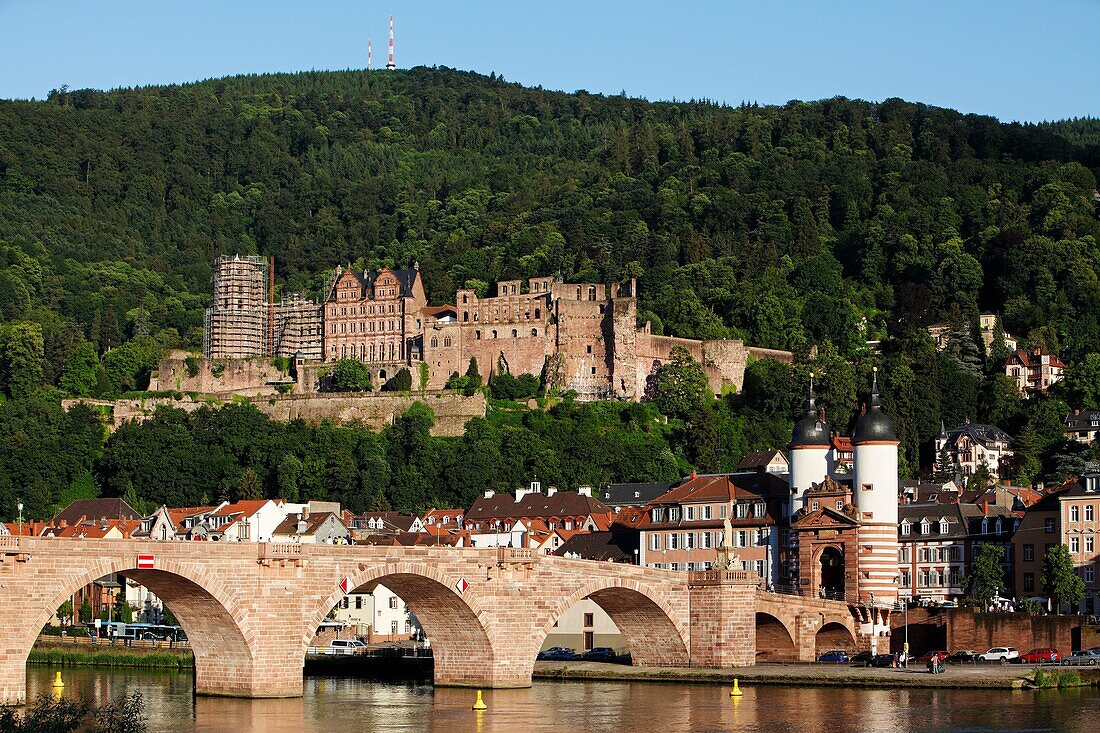 Heidelberg, old town, Necker river, Old Bridge, Karl Theodor Bridge, castle, Baden-Württemberg, Germany