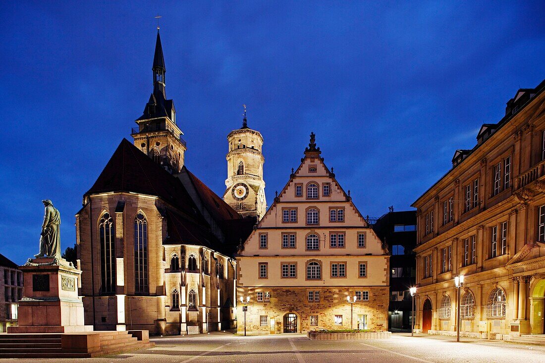 Stuttgart, Stiftskirche, Collegiate, Schiller square, Schiller Statue, Baden-Württemberg, Germany