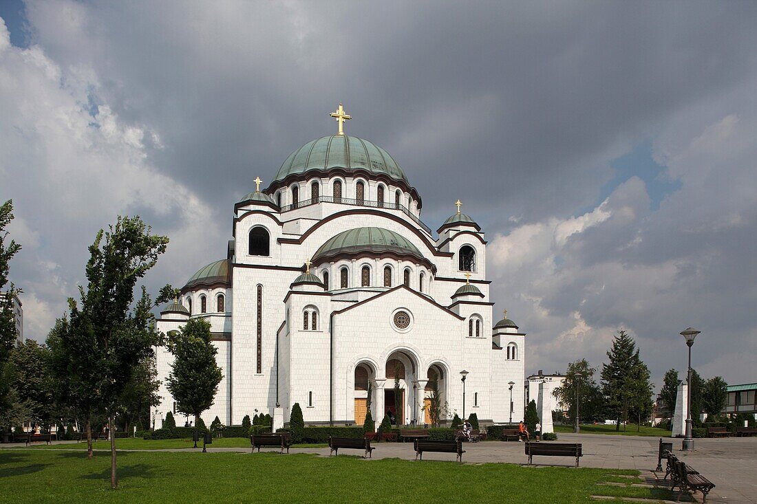 Serbia, Beograd, Belgrade, St Sava Cathedral, 1935, Orthodox, christian, religious, exterior, outside, facade, colour, cupolas