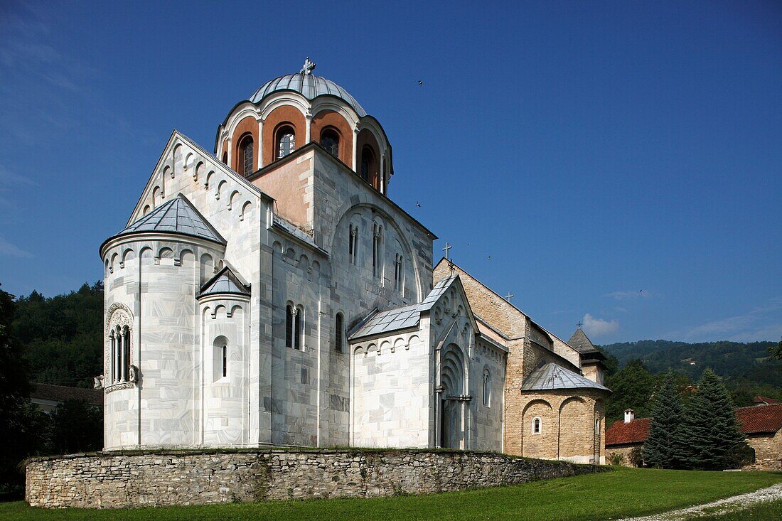 Serbia, Studenica Monastery, founded by Grand Prince Stefan Nemanja, late 12th century, Church of the Virgin, Orthodox, christian, religious, exterior, outside, facade, colour, cupolas
