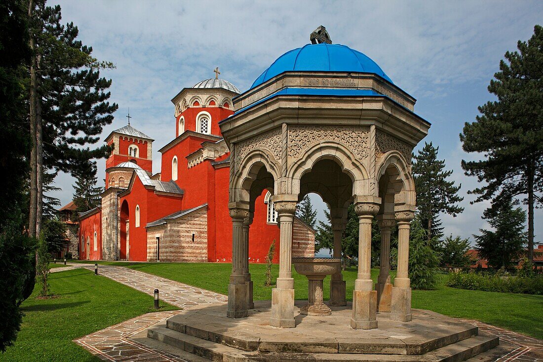 Serbia, Zica Monastery, early 12th century, first Serbian autonomous Archbishopric from 1218, Orthodox, christian, religious, exterior, outside, facade, colour, spring well