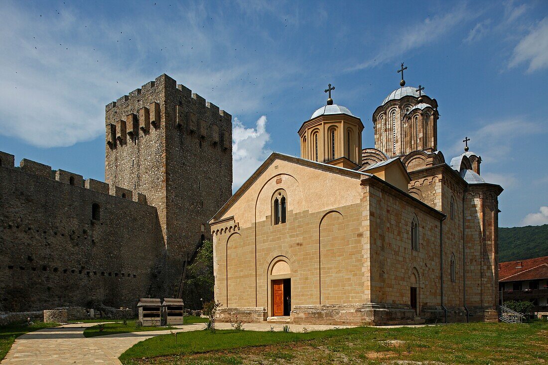 Serbia, Manasija Monastery, founded by Despot Stefan Lazarevi, 1407-1418, Church of St Trinity, fortification wall, Orthodox, christian, religious, exterior, outside, facade, colour