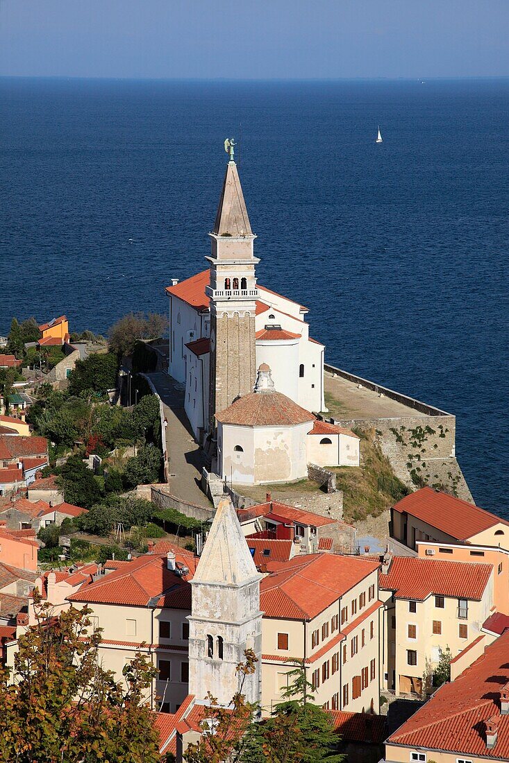 Slovenia, Piran, St George Cathedral, aerial view