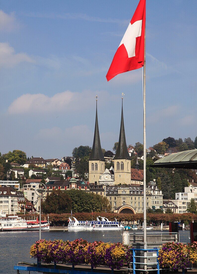 Switzerland, Lucerne, Luzern, lakeshore, cathedral, swiss flag