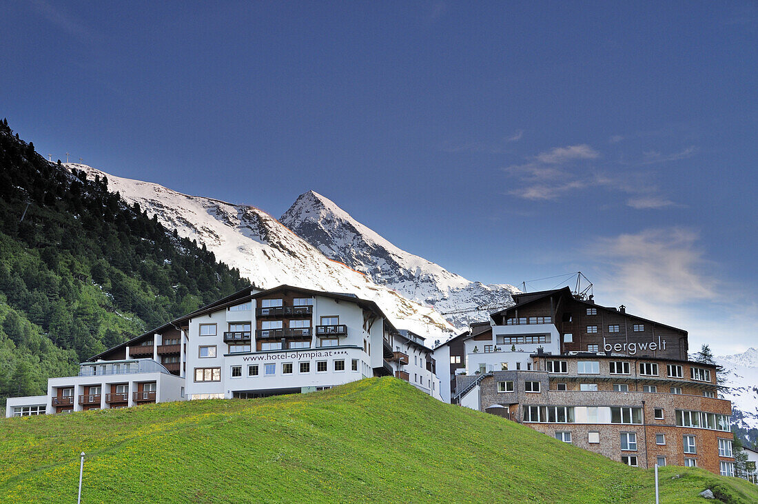 Hotels in front of mountains, Obergurgl, Oetztal valley, Oetztal mountain range, Tyrol, Austria