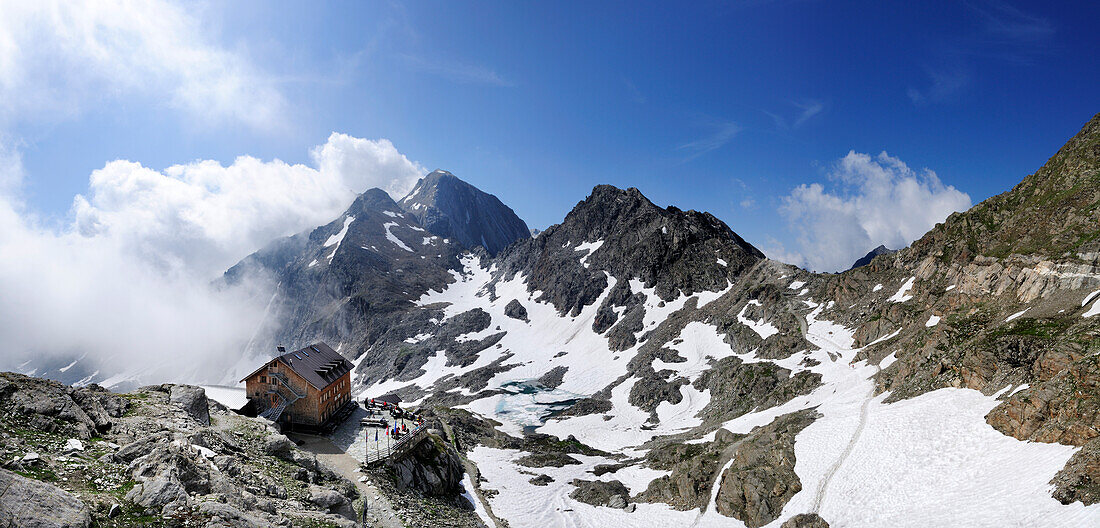 Panorama mit Eisjöchl, Stettiner Hütte und Hohe Weiße, Eisjöchl, Texelgruppe, Ötztaler Alpen, Südtirol, Italien