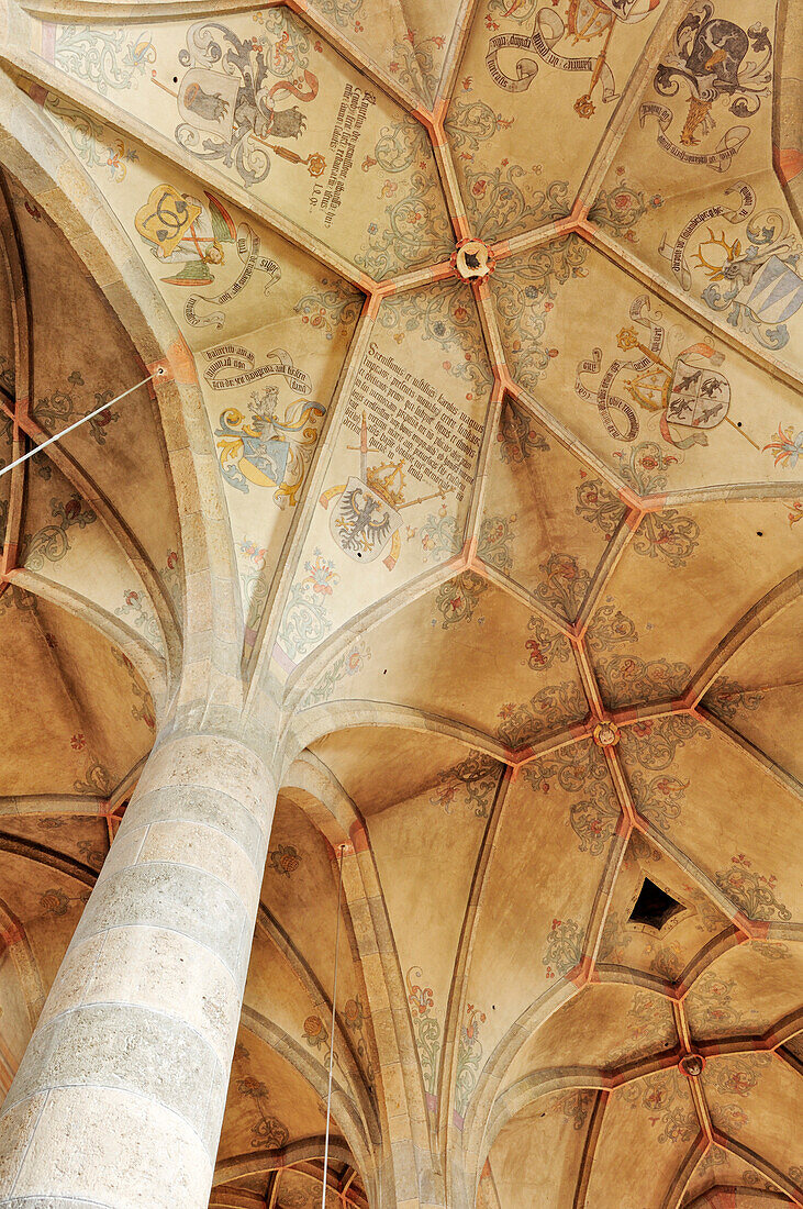 Pillars and ceiling fresco in St. John's church, Muestair cloister, Muestair, UNESCO World Heritage Site Muestair, Engadin, Grisons, Switzerland