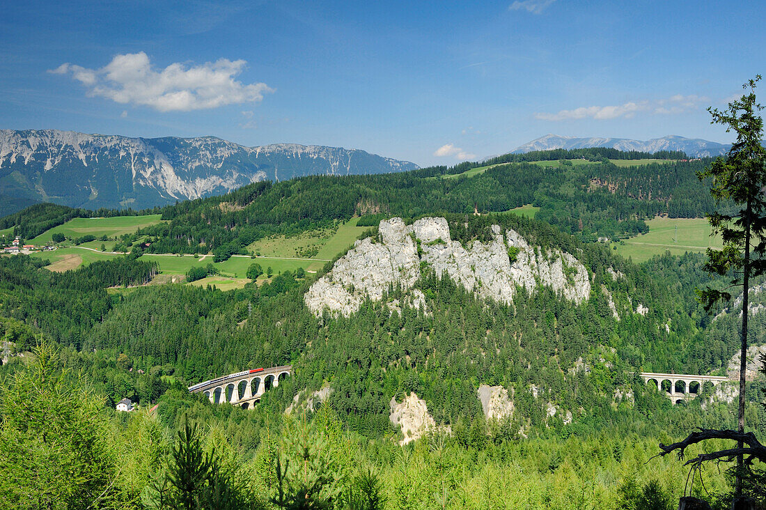 Zug fährt über Kalte Rinn-Viadukt, Rax im Hintergrund, Semmeringbahn, UNESCO Weltkulturerbe Semmeringbahn, Niederösterreich, Österreich