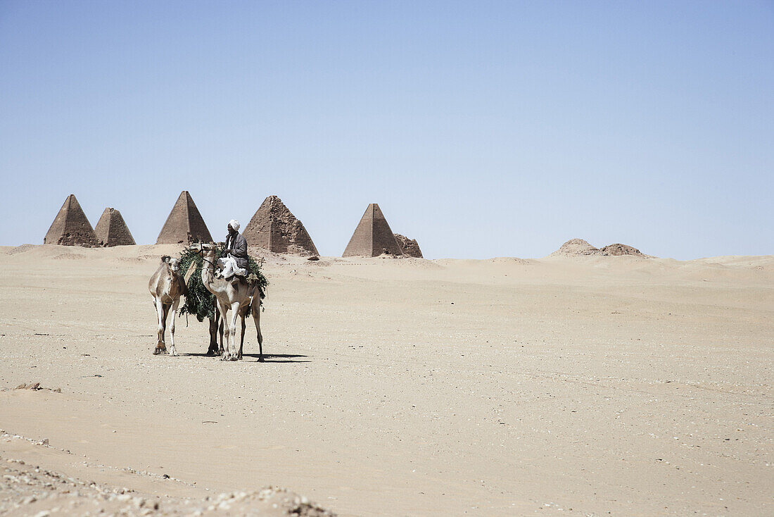 Camel rider in front of pyramids of Napata, Karima, Sudan, Africa