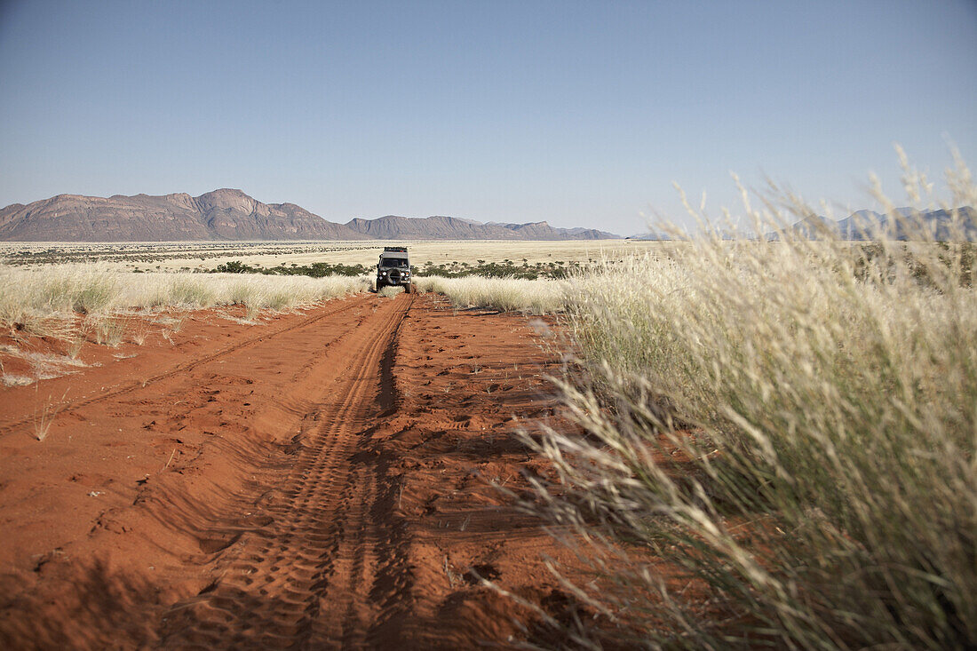 Off road vehicle on red sand track, Hartmann Valley, Namibia, Africa