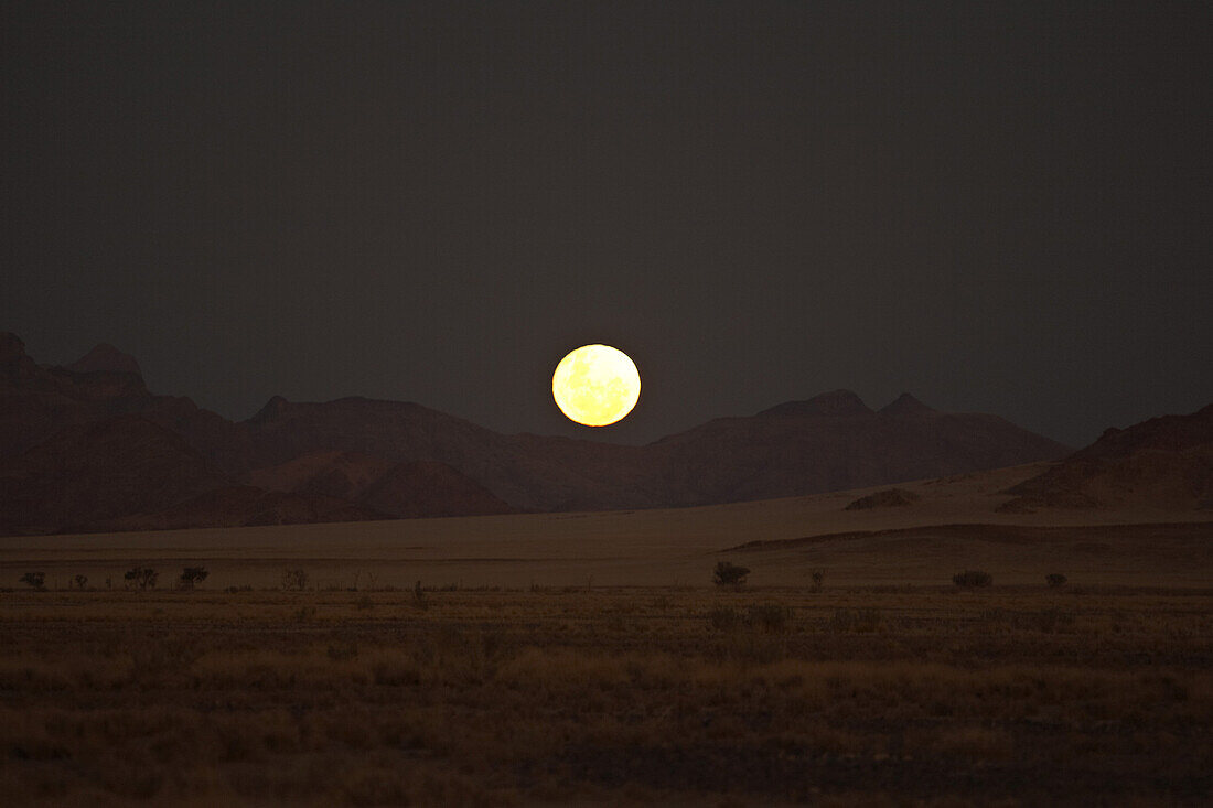 Full moon above the steppe at Namib Naukluft Park, Sossusvlei, Namibia, Africa