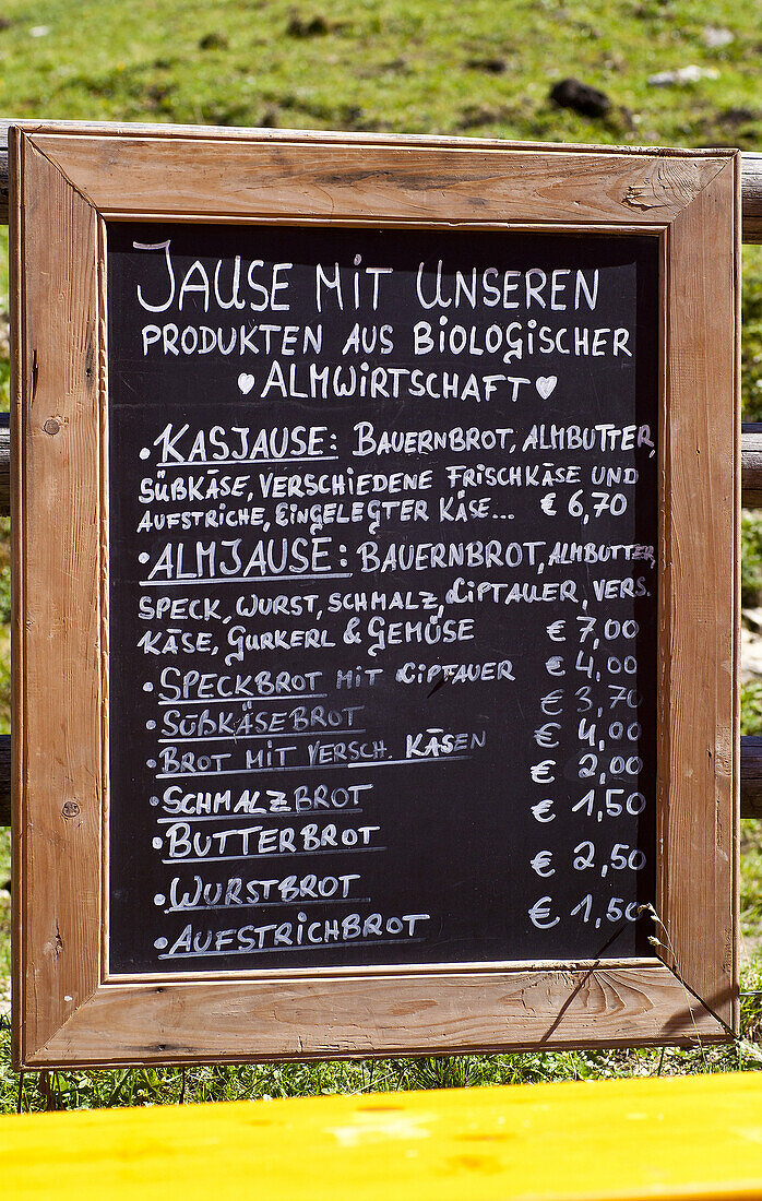 Menu board at Loosegg Alm, Salzburger Land, Austria