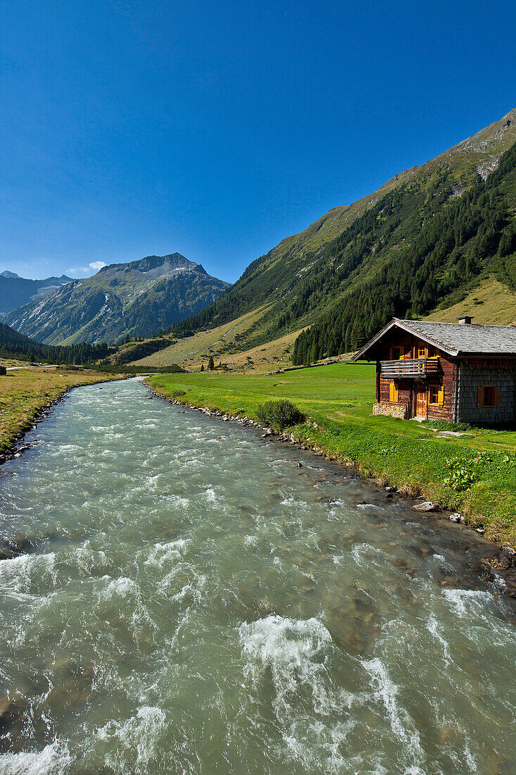 Panorama view in Krimmler Achental with Krimmler Tauernhaus, Salzburger Land, Austria