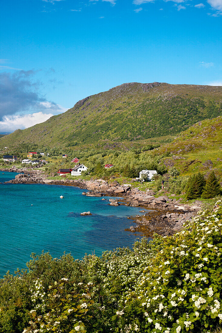 Bucht am Nappstraumen, Vestvågøya, Lofoten, Nordnorwegen, Norwegen