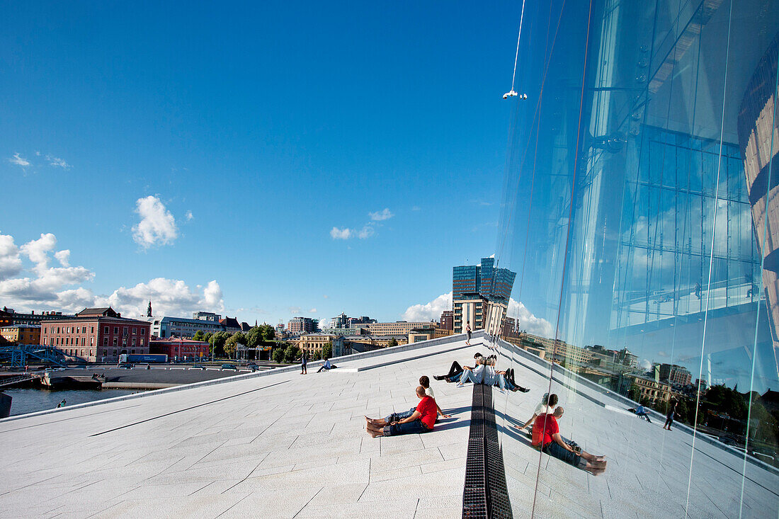 Blick vom Dach der Oper auf die Innenstadt, Operahuset, Oslo, Südnorwegen, Norwegen