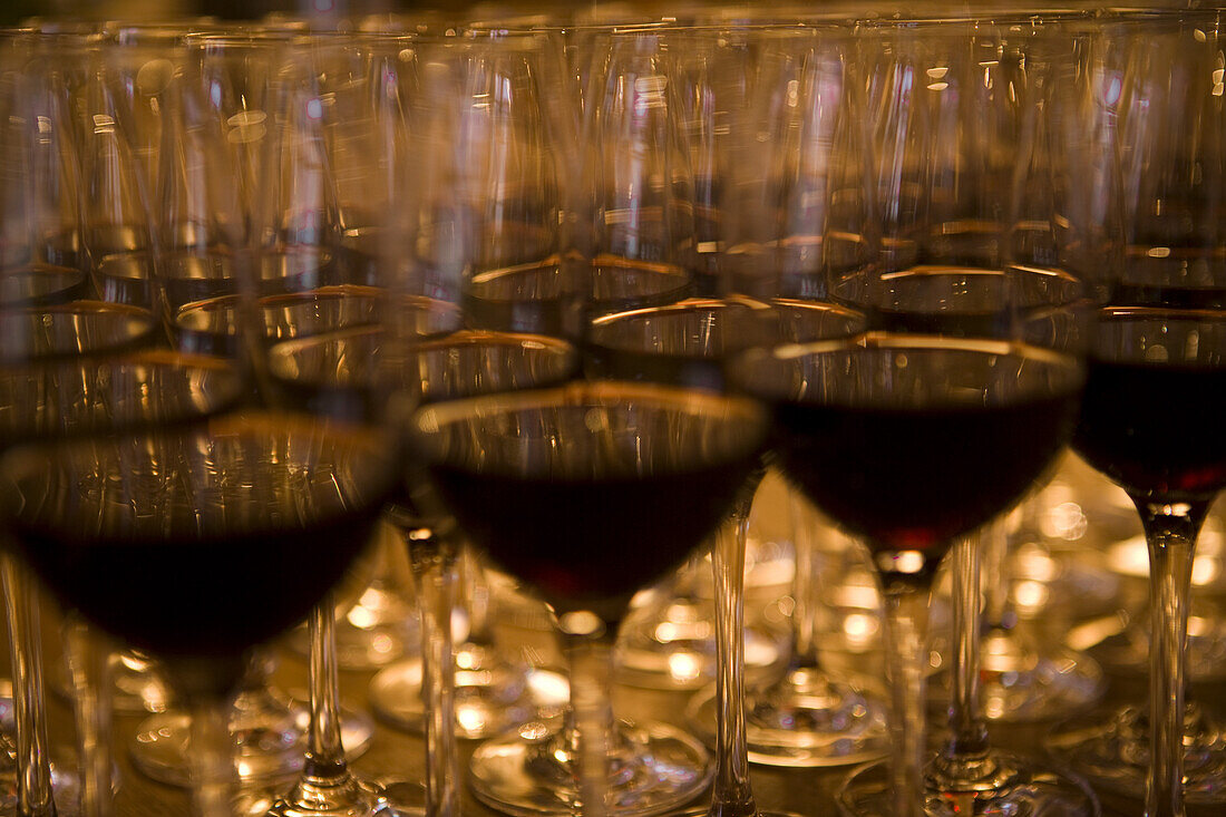 Gefüllte Weingläser bei einer Weinprobe im Weingut Château du Tertre, Margaux, Medoc, Bordeaux, Gironde, Aquitanien, Frankreich, Europa