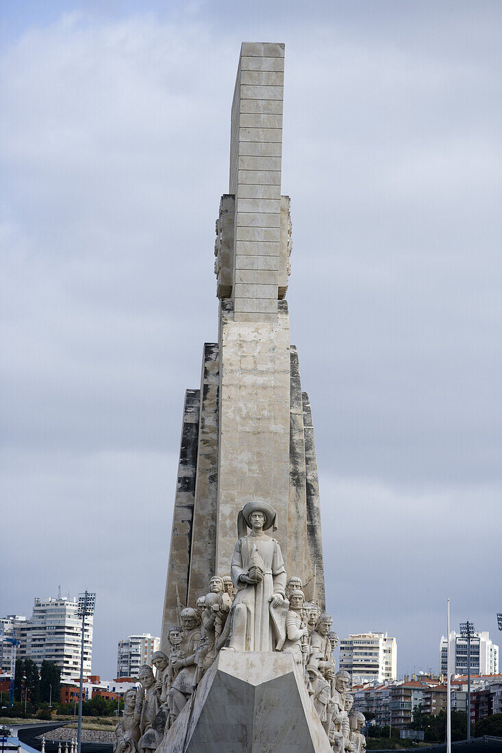 View at Discoveries Monument under clouded sky, Lisbon, Lisboa, Portugal, Europe