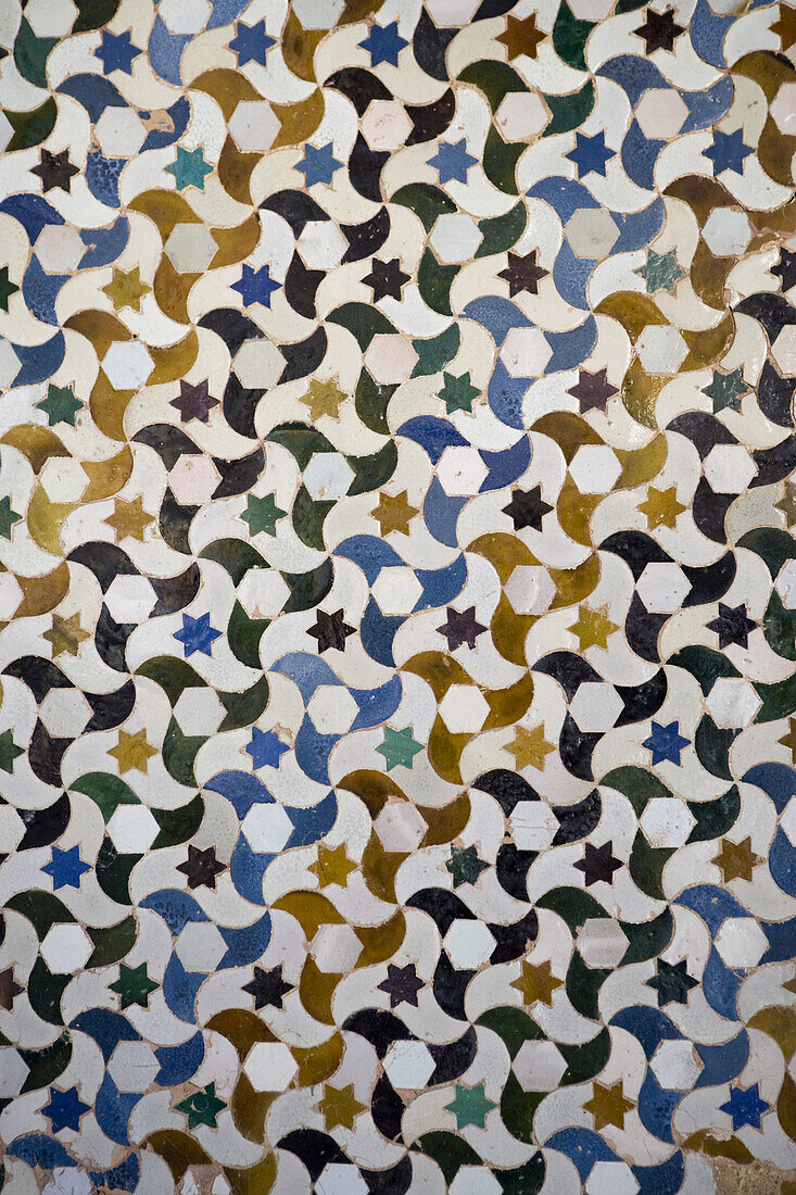 Detail of tile mosaic at Alhambra, Granada, Andalucia, Spain, Europe