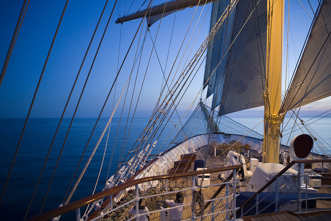 Bow of sailing cruiseship Royal Clipper at dusk, Mediterranean Sea, Europe