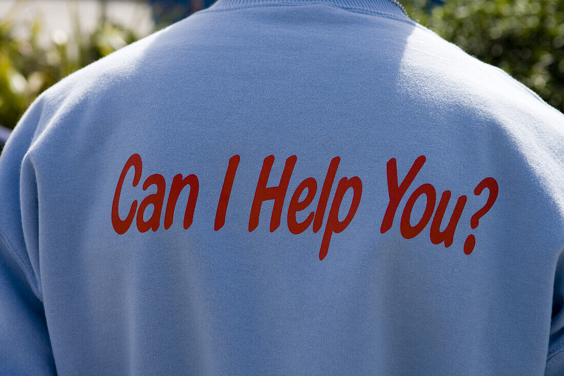 Can I Help You? shirt on tour guide, Falmouth, Cornwall, England, Europe