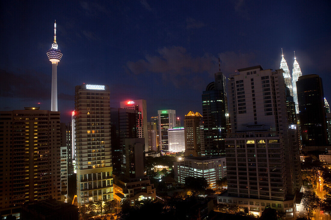 Shopping and Entertainment district Bukit Bintang, Petronas Twin Towers and Menara Tower, downtown Kuala Lumpur, capital of Malaysia, Asia