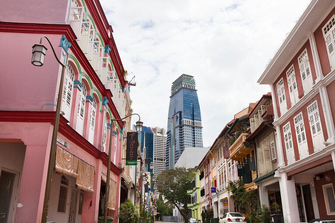 Historische Häuser im Kolonialstil, Restaurants im Vergnügungsviertel, Ann Siang Road, Capital Tower, Chinatown, Singapur, Asien